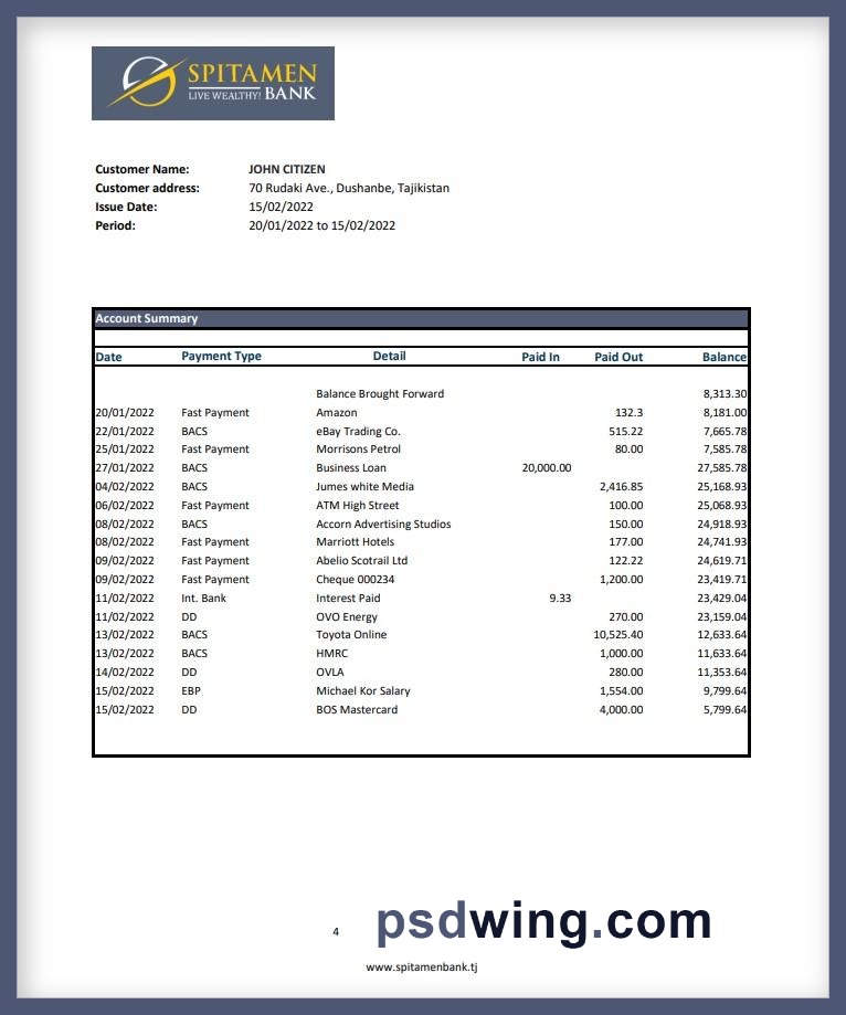 Tajikistan Spitamen Bank Statement (Excel)